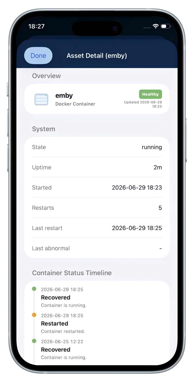 OpsHome NOC Docker container event timeline showing restarts, recoveries, abnormal states, and OOM kills