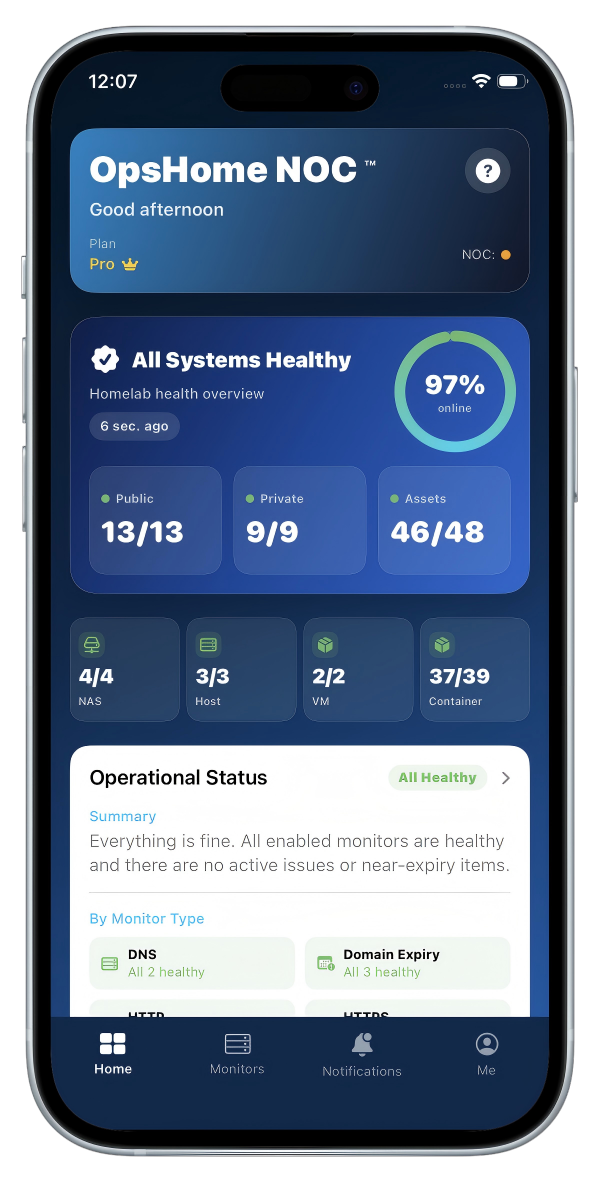 OpsHome NOC homelab overview on iPhone showing infrastructure connections and service health