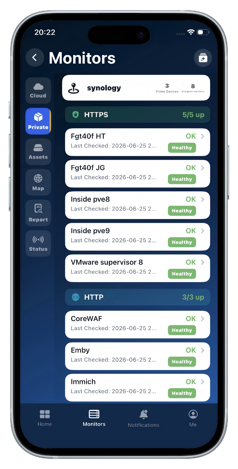 OpsHome NOC private network monitoring for HTTP HTTPS and TCP services