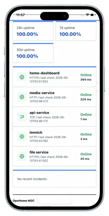 OpsHome public status page showing five services, uptime summaries, and recent incidents on a phone
