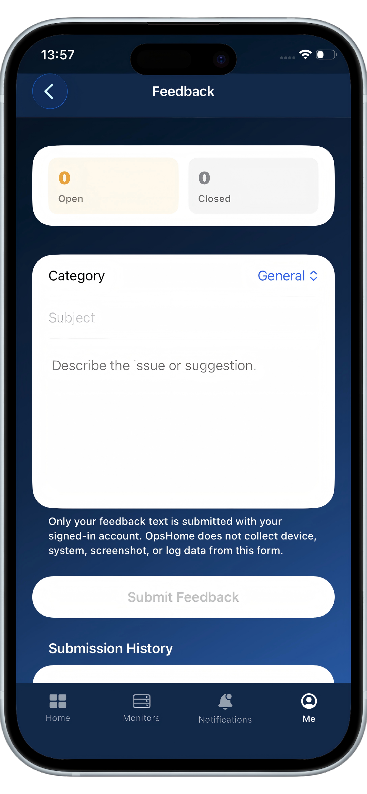 OpsHome NOC Feedback Center screen